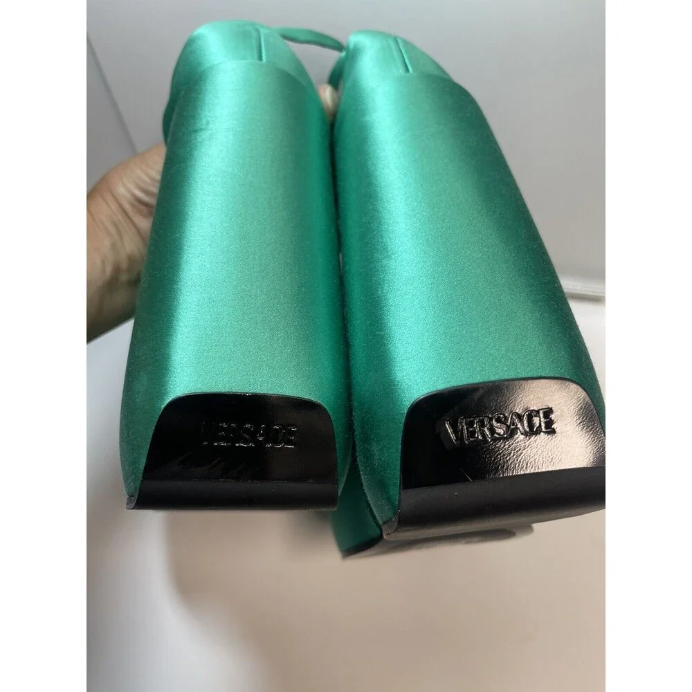Versace Satin Three Strap Platform Wedge Sandal Heels In Emerald Green Sz 37 1/2